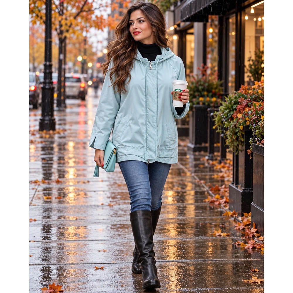 Womens Light Blue Hooded Zip Front Jacket Water Resistant Rain Coat sz(2XL)